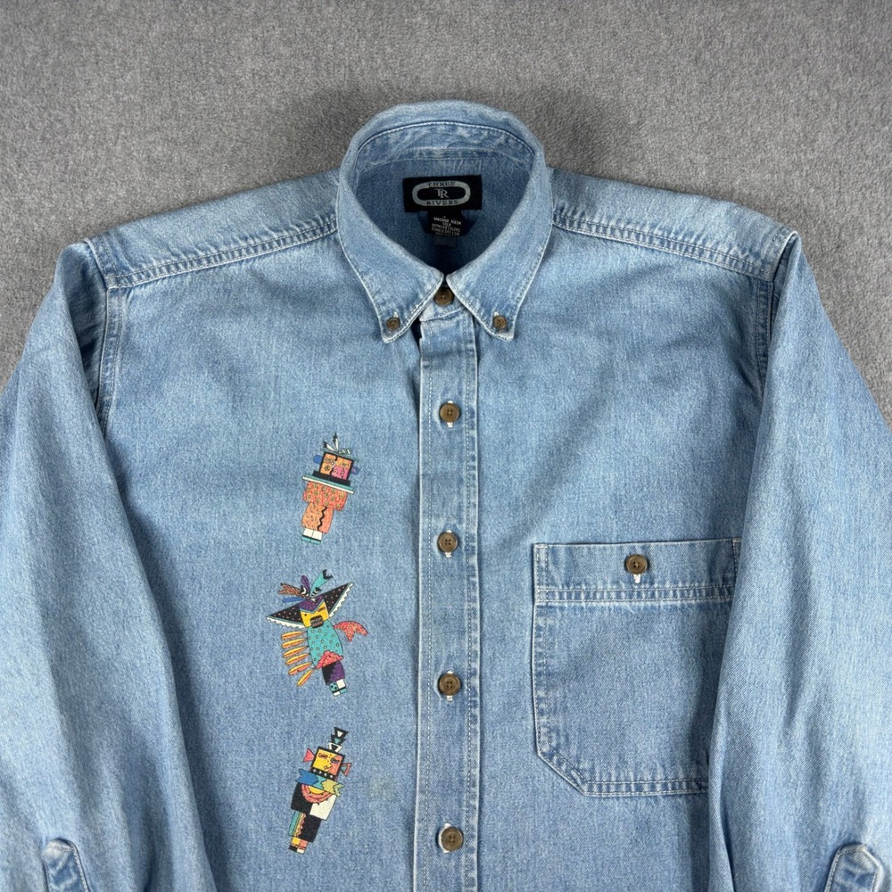 Three Rivers Blue‎ Denim Short Sleeve Shirt Southwest Mens S Blue Aztec Vintage